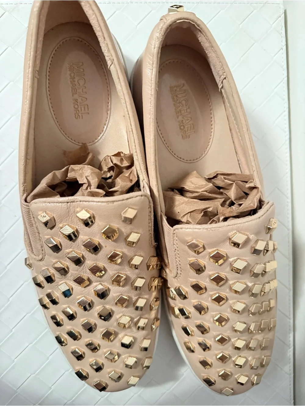 MICHAEL Michael Kors Keaton Studded Leather Slip On Sneakers Blush Pink Gold 9M